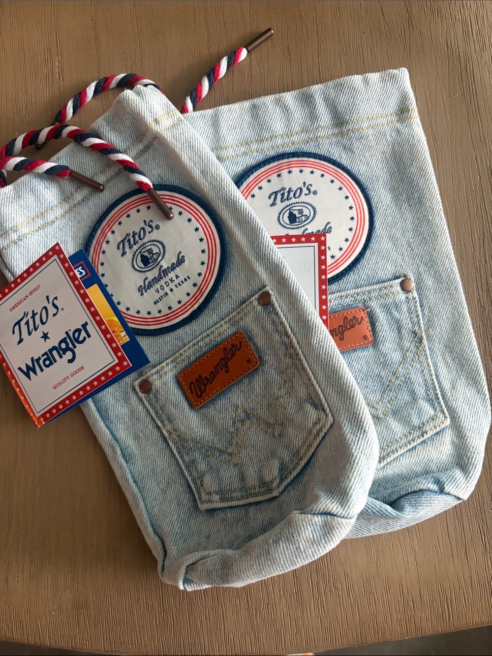 NWT 2 Wrangler Light Blue Denim Tito’s Vodka Bottle Bags